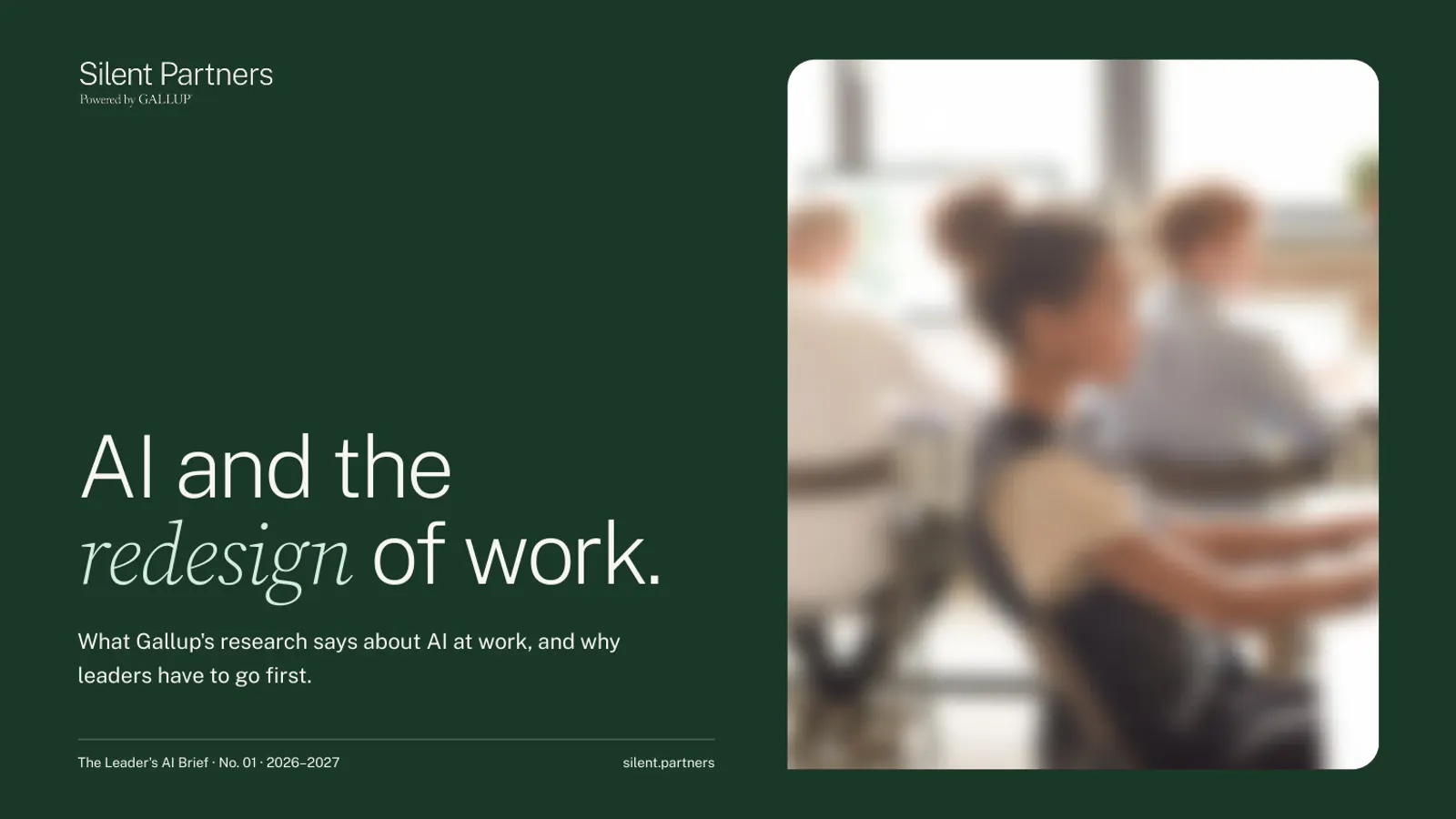 Cover of The Leader's AI Brief: AI and the redesign of work, dark green with a photo of people at work