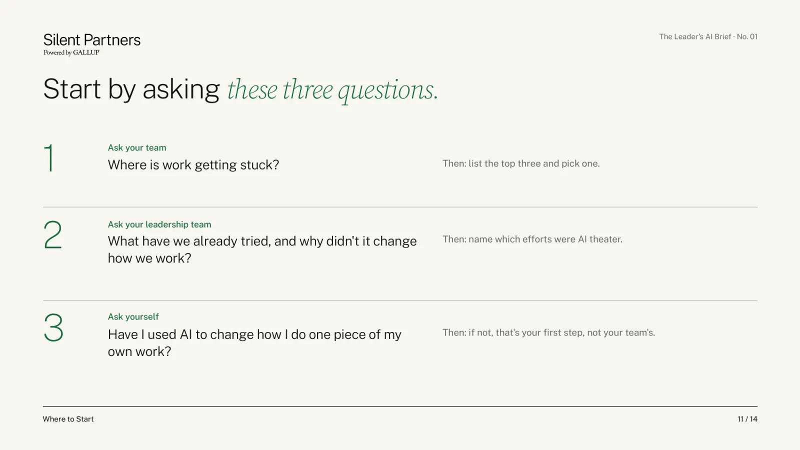 Page 11 of the brief, three questions for a leader to start with