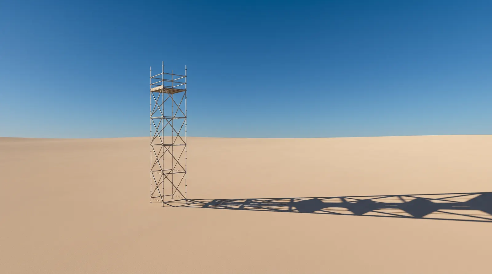 A tall slender scaffold tower alone on flat sand under a clear blue sky, casting a long lattice shadow