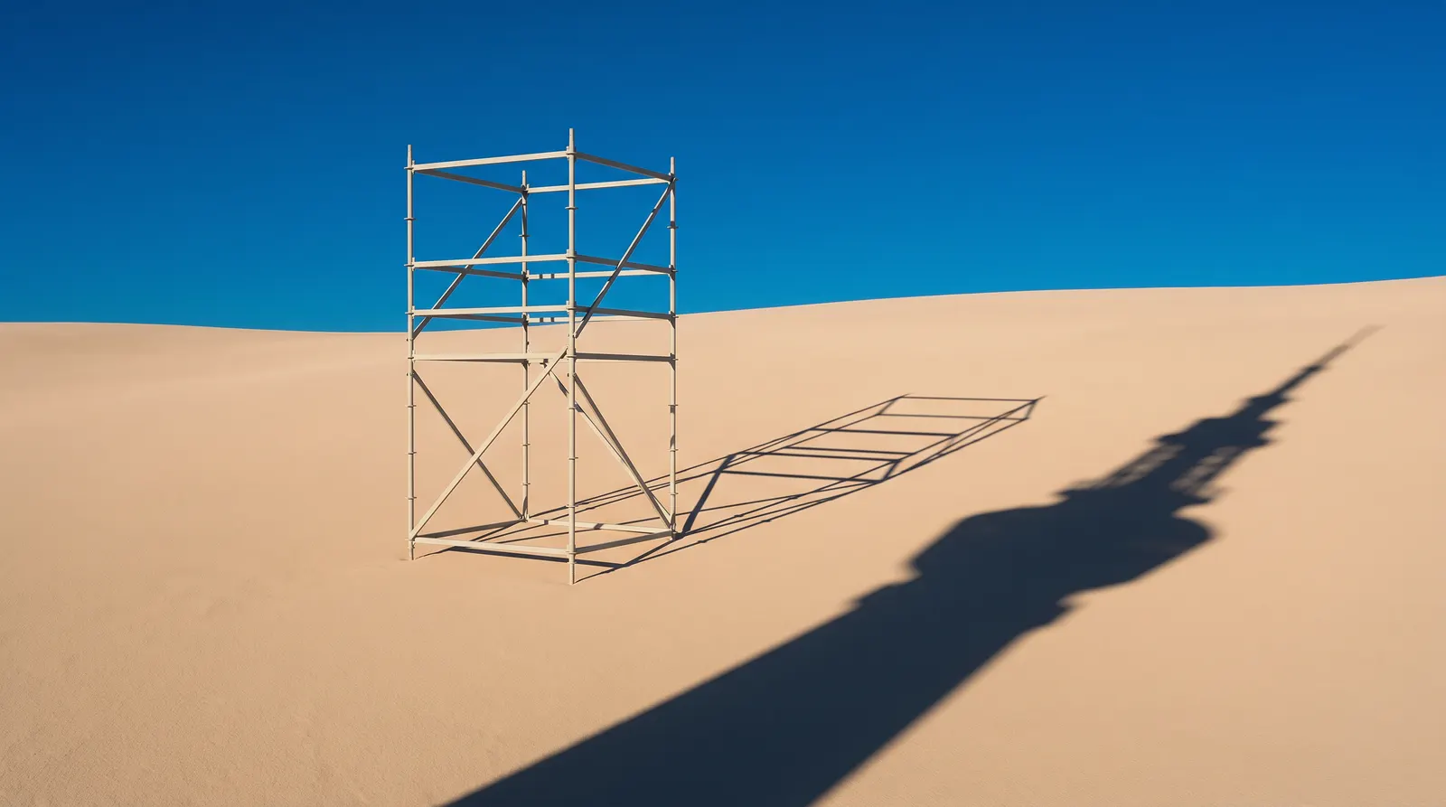 A metal scaffold tower on a sand dune under a blue sky, its shadow stretching far across the slope