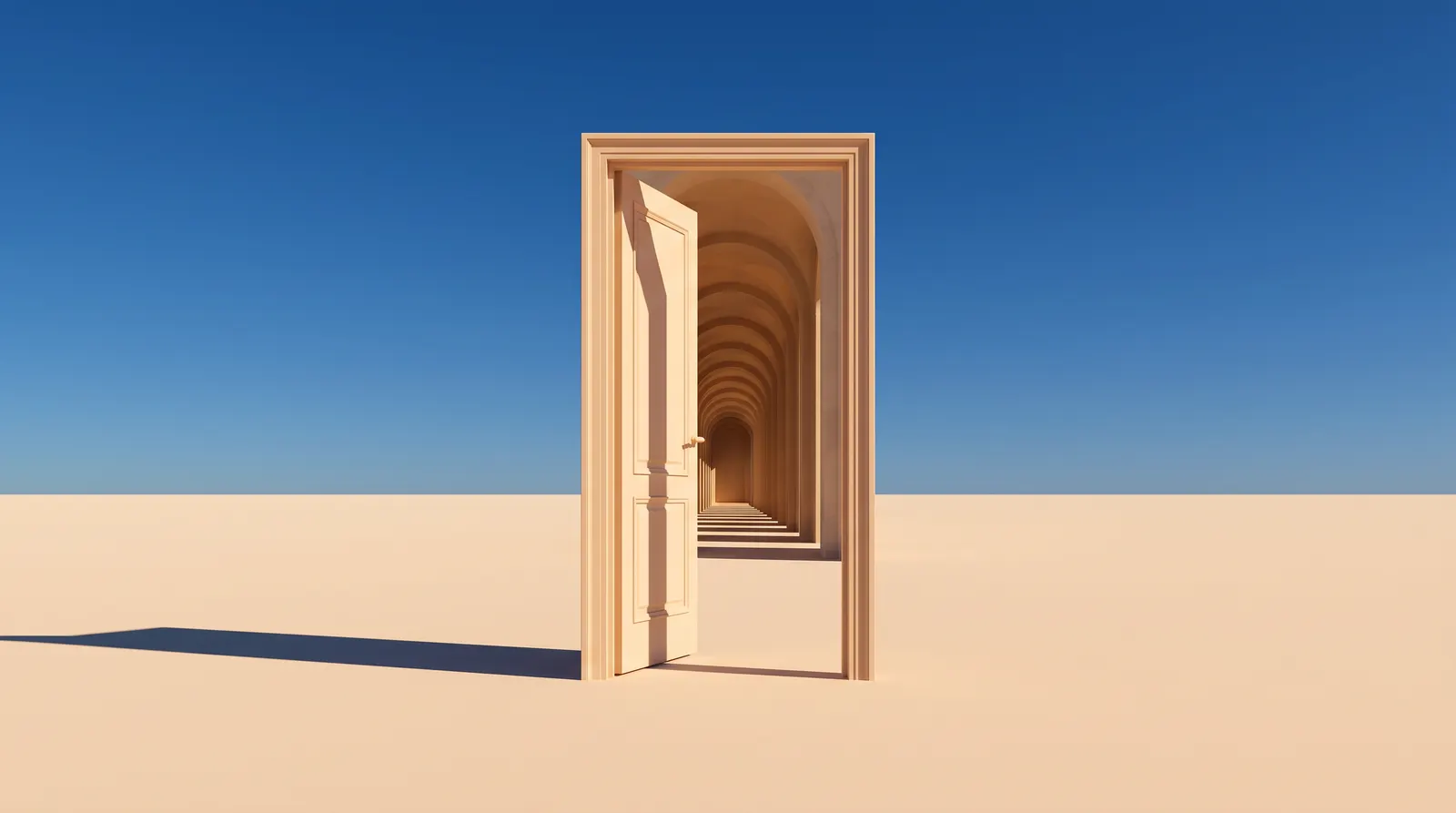 A pale open door standing alone on sand under a deep blue sky, opening onto a long arched corridor