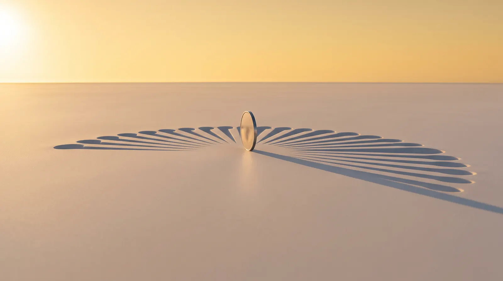 A small upright disc on a pale plain under a low sun, casting a wide fan of many identical shadows