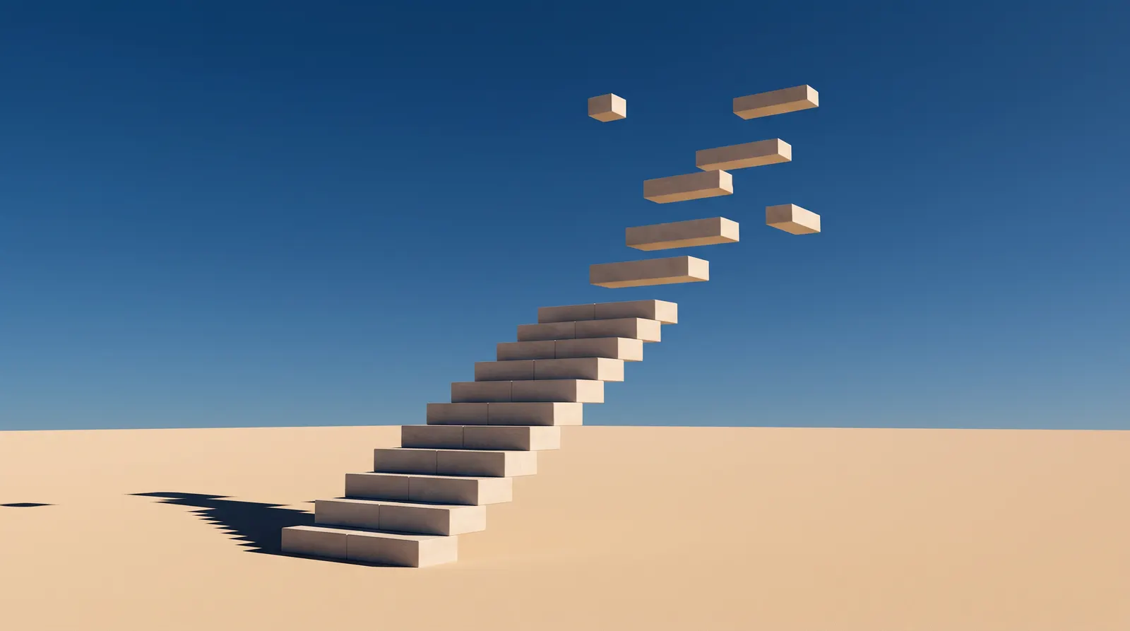 A concrete staircase rising from sand and breaking apart into separate floating steps against a blue sky